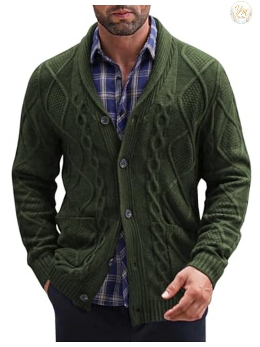 Mens Shawl Collar Cable Knit Cardigan Sweater Slim Fit Button Down with Pockets